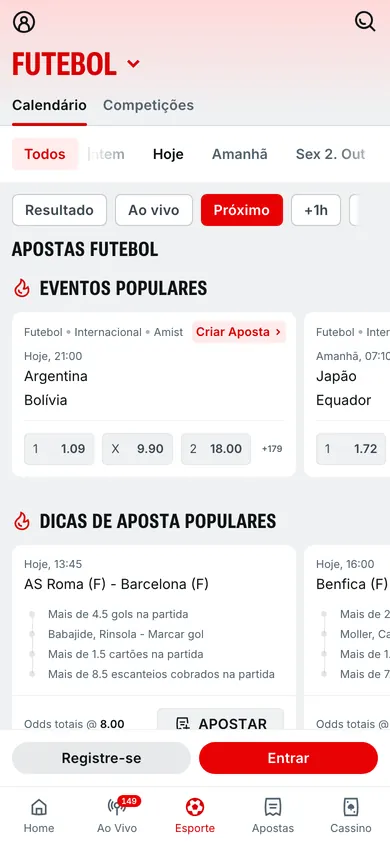 App Superbet: tela de apostas de futebol
